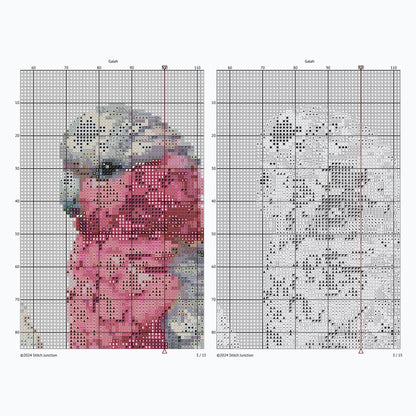 Galah Parrot Cross Stitch Pattern digital download chart preview with colour symbols and black-and-white symbol chart for printable counted cross stitch.