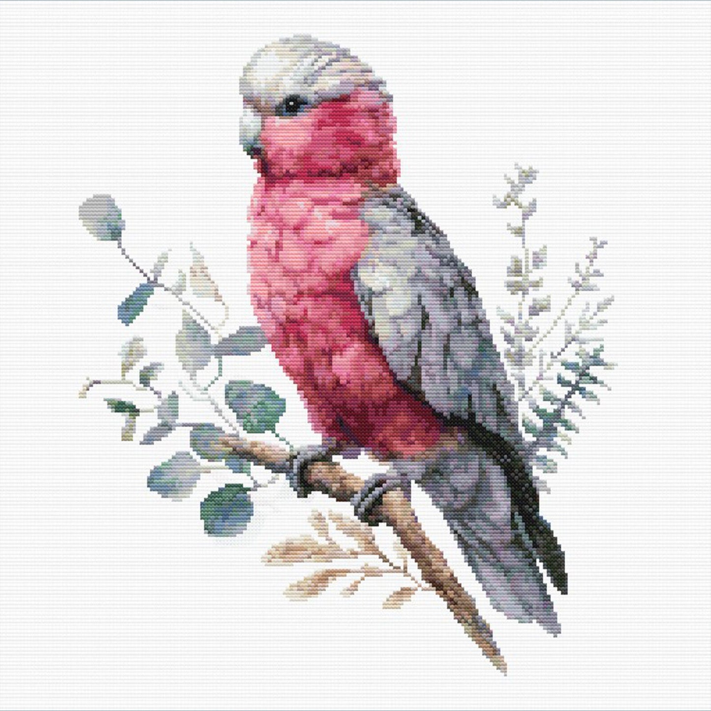 Galah Parrot Cross Stitch Pattern featuring a pink and grey Australian galah with eucalyptus leaves and natural wildlife-inspired styling.