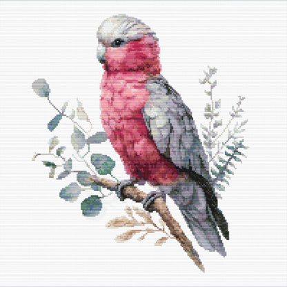 Galah Parrot Cross Stitch Pattern featuring a pink and grey Australian galah with eucalyptus leaves and natural wildlife-inspired styling.