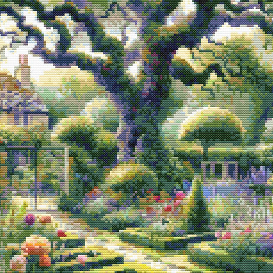 Garden Landscape Cross Stitch Pattern displayed as framed wall art with a formal garden path, flowering borders, trimmed hedges, and soft green detail.