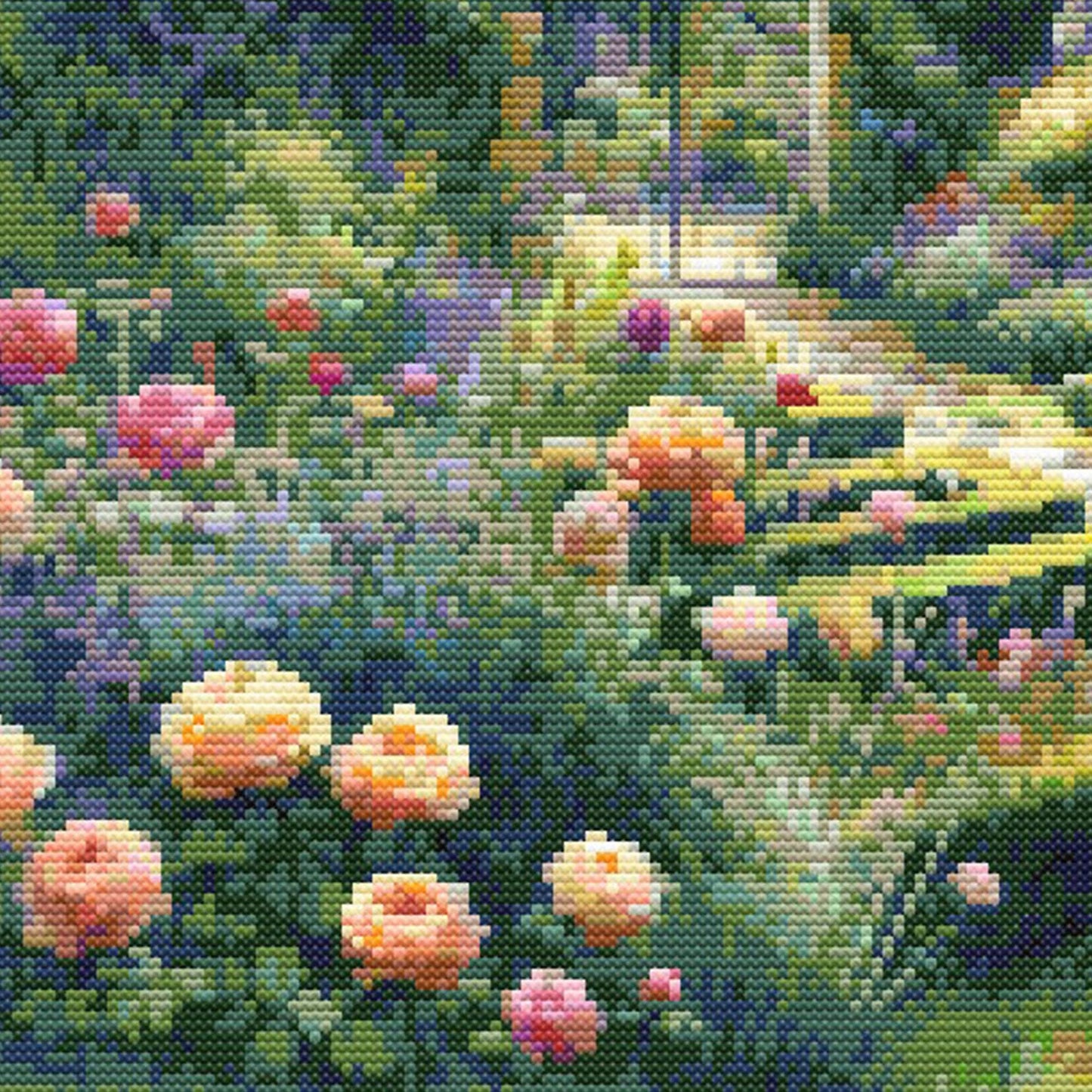 Garden Landscape Cross Stitch Pattern close-up featuring soft pink and peach flowers, lush green foliage, garden pathway detail, and visible counted cross stitch texture.