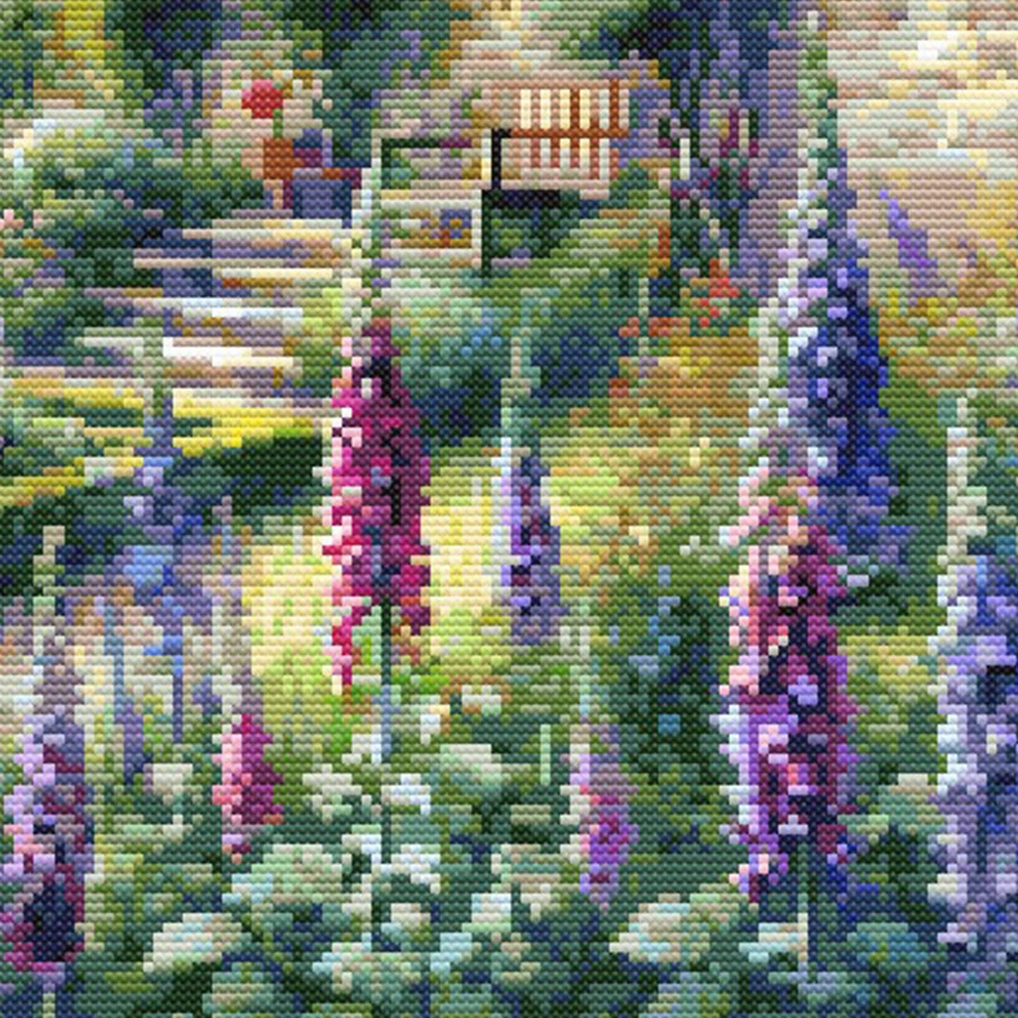 Garden Landscape Cross Stitch Pattern close-up featuring tall pink and purple flowers, garden steps, a wooden bench, lush foliage, and visible counted cross stitch texture.