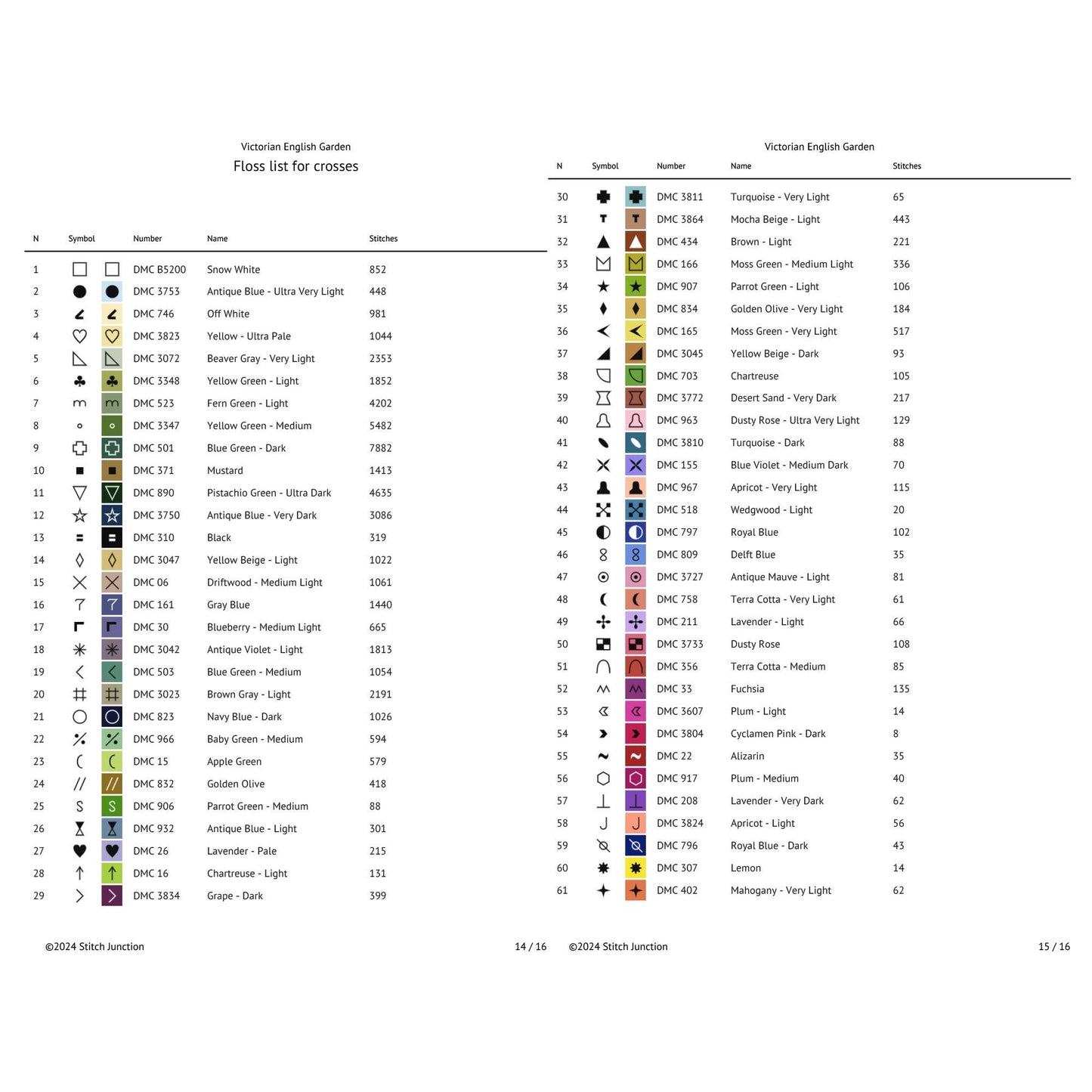 Color swatch chart for cross stitch patterns with various colors and their corresponding codes.