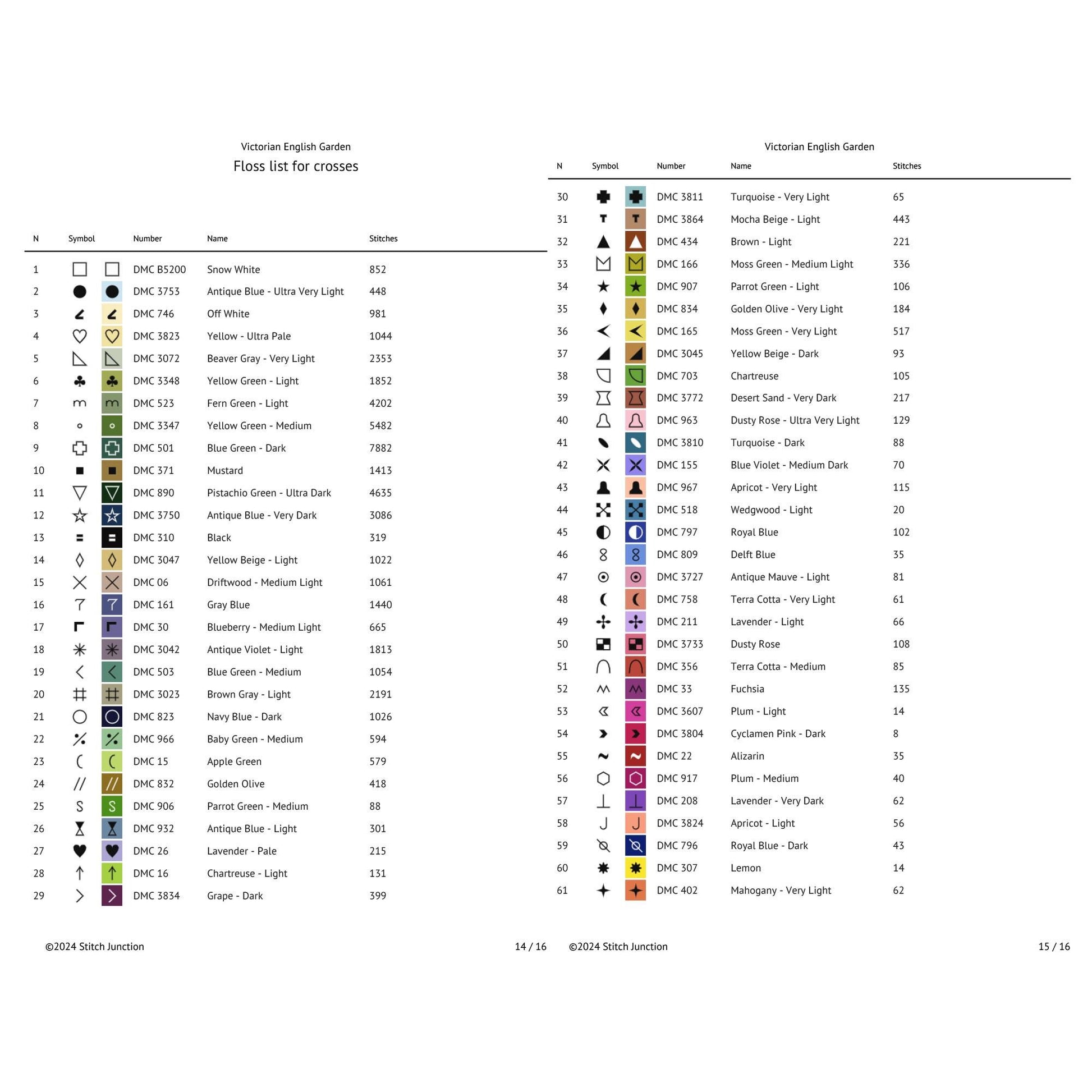 Color swatch chart for cross stitch patterns with various colors and their corresponding codes.