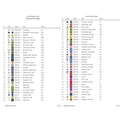 Color swatch chart for cross stitch patterns with various colors and their corresponding codes.