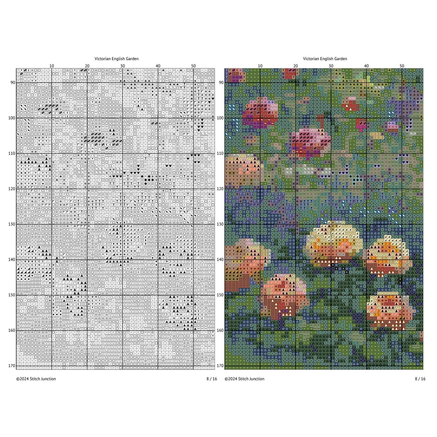 Cross-stitch pattern for 'Victorian English Garden' with a grid on the left and completed design on the right.