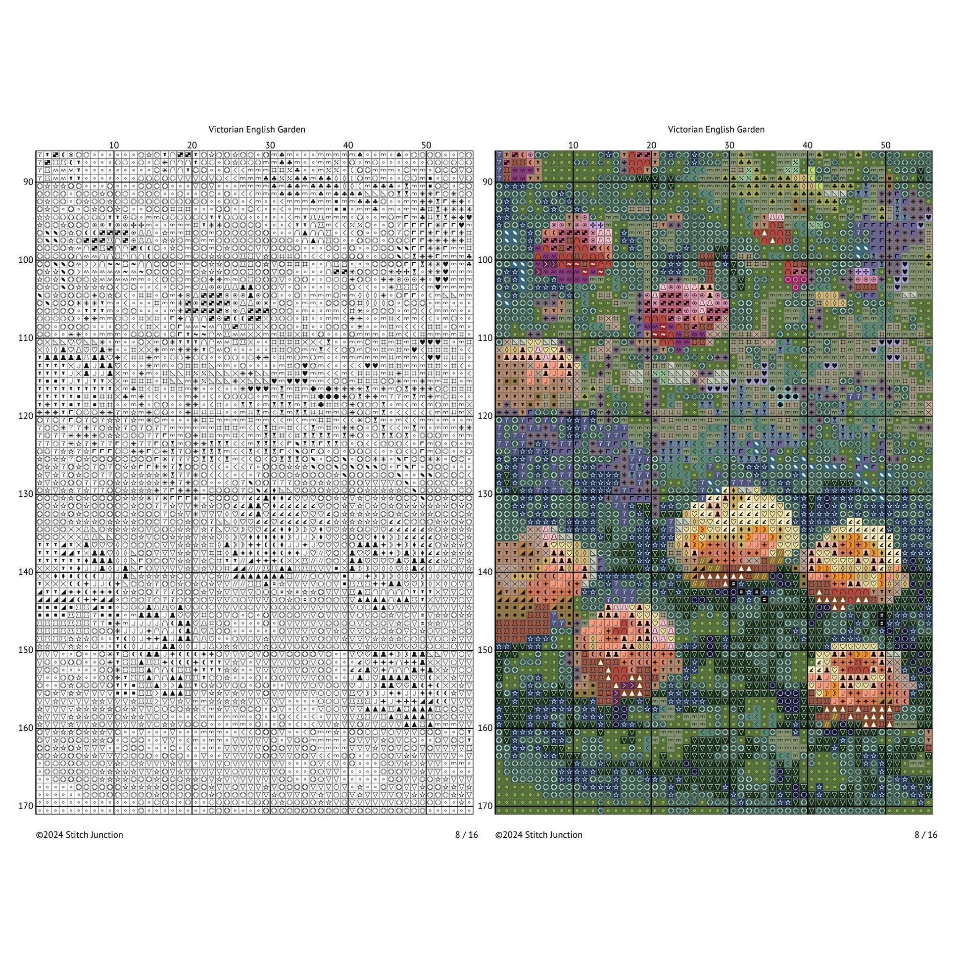 Cross-stitch pattern for 'Victorian English Garden' with a grid on the left and completed design on the right.