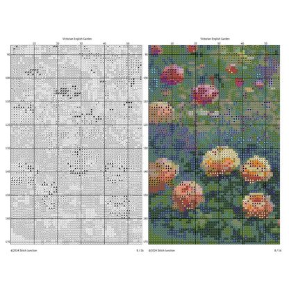 Cross-stitch pattern for 'Victorian English Garden' with a grid on the left and completed design on the right.
