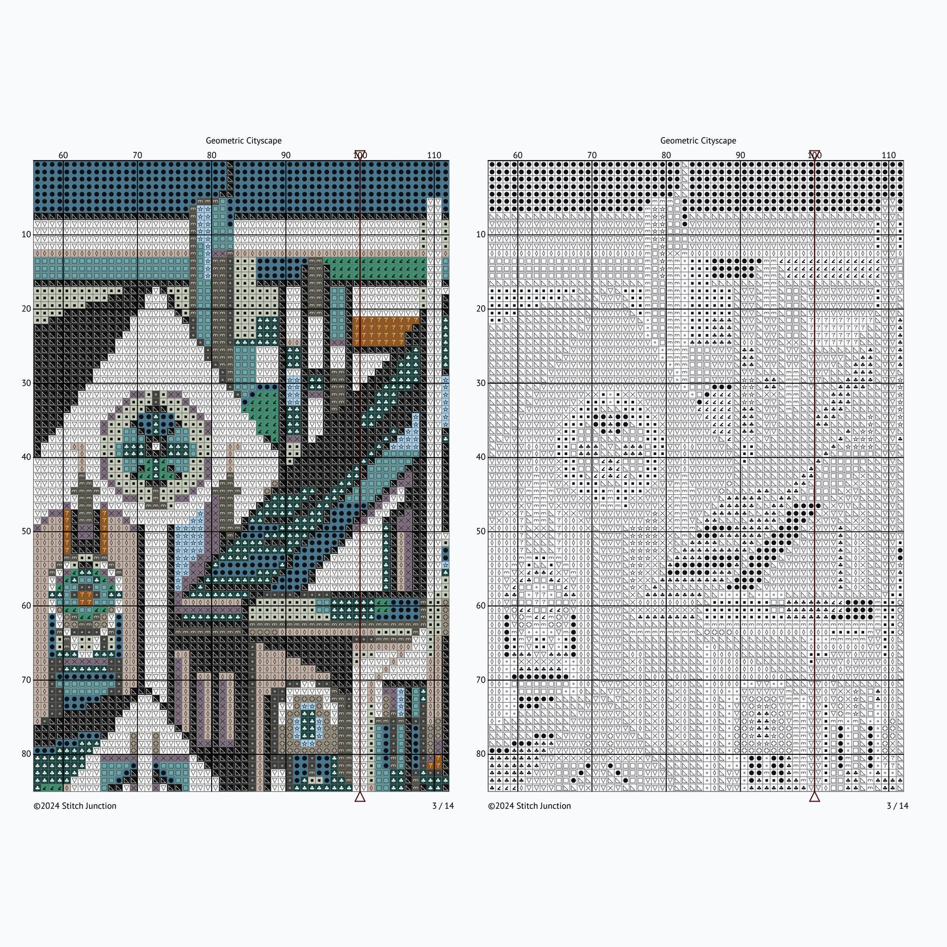 Geometric City Cross Stitch Pattern preview showing colour chart and black-and-white symbol chart.
