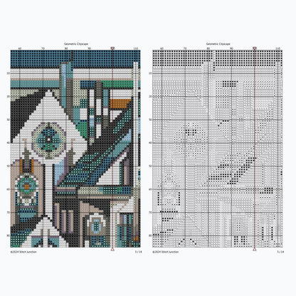 Geometric City Cross Stitch Pattern preview showing colour chart and black-and-white symbol chart.