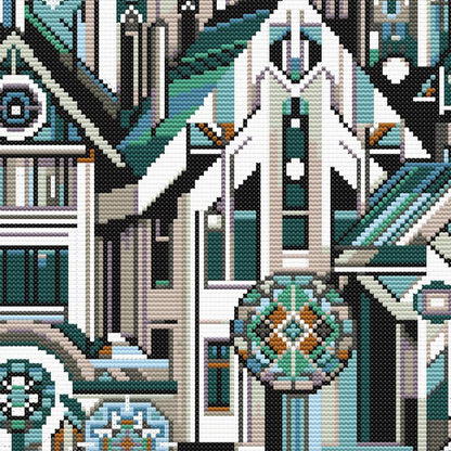Close-up of Geometric City Cross Stitch Pattern showing detailed teal architecture, windows and modern building shapes.