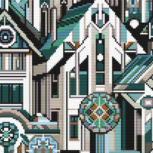 Close-up of Geometric City Cross Stitch Pattern showing detailed teal architecture, windows and modern building shapes.
