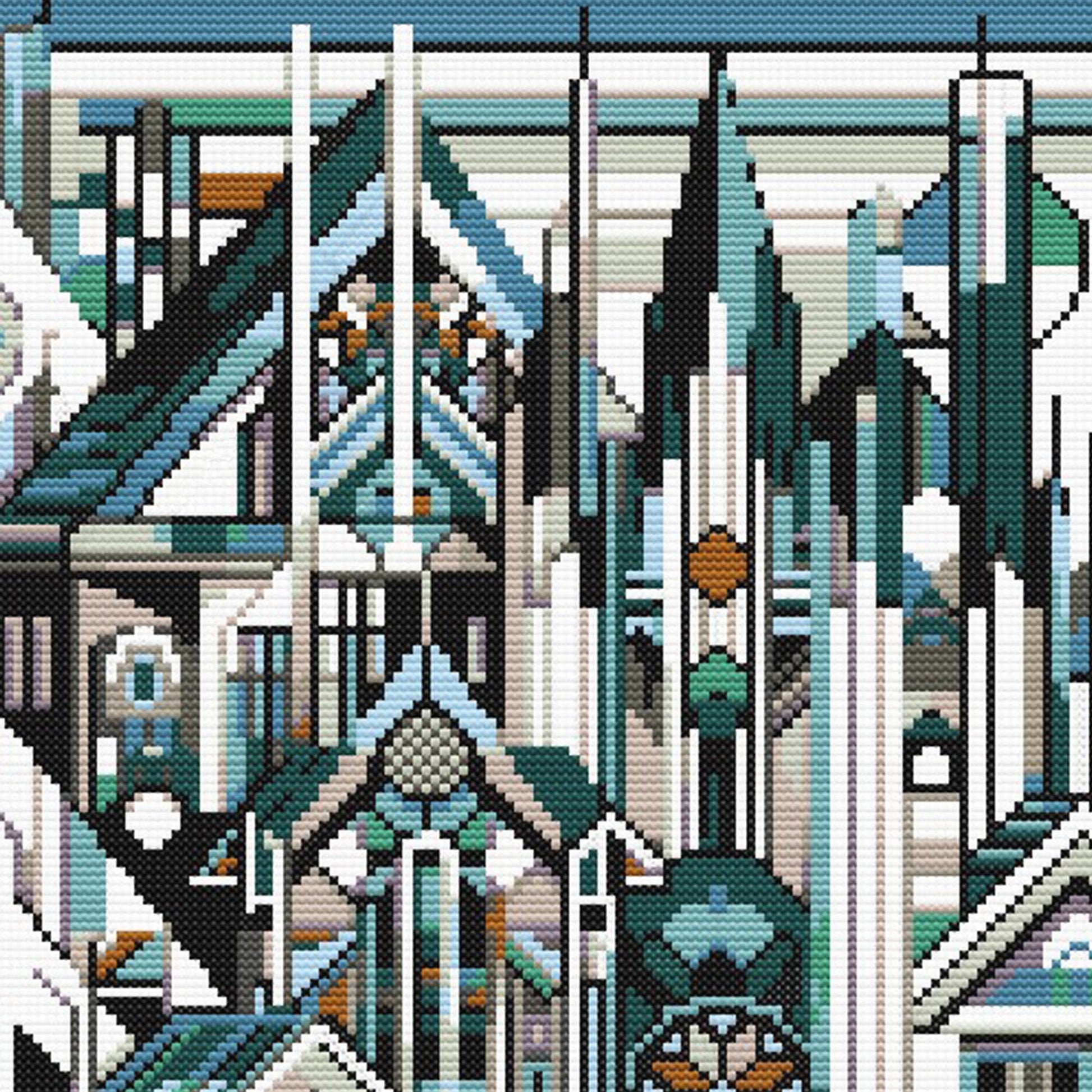 Geometric City Cross Stitch Pattern close up of the roof lines and the sky.