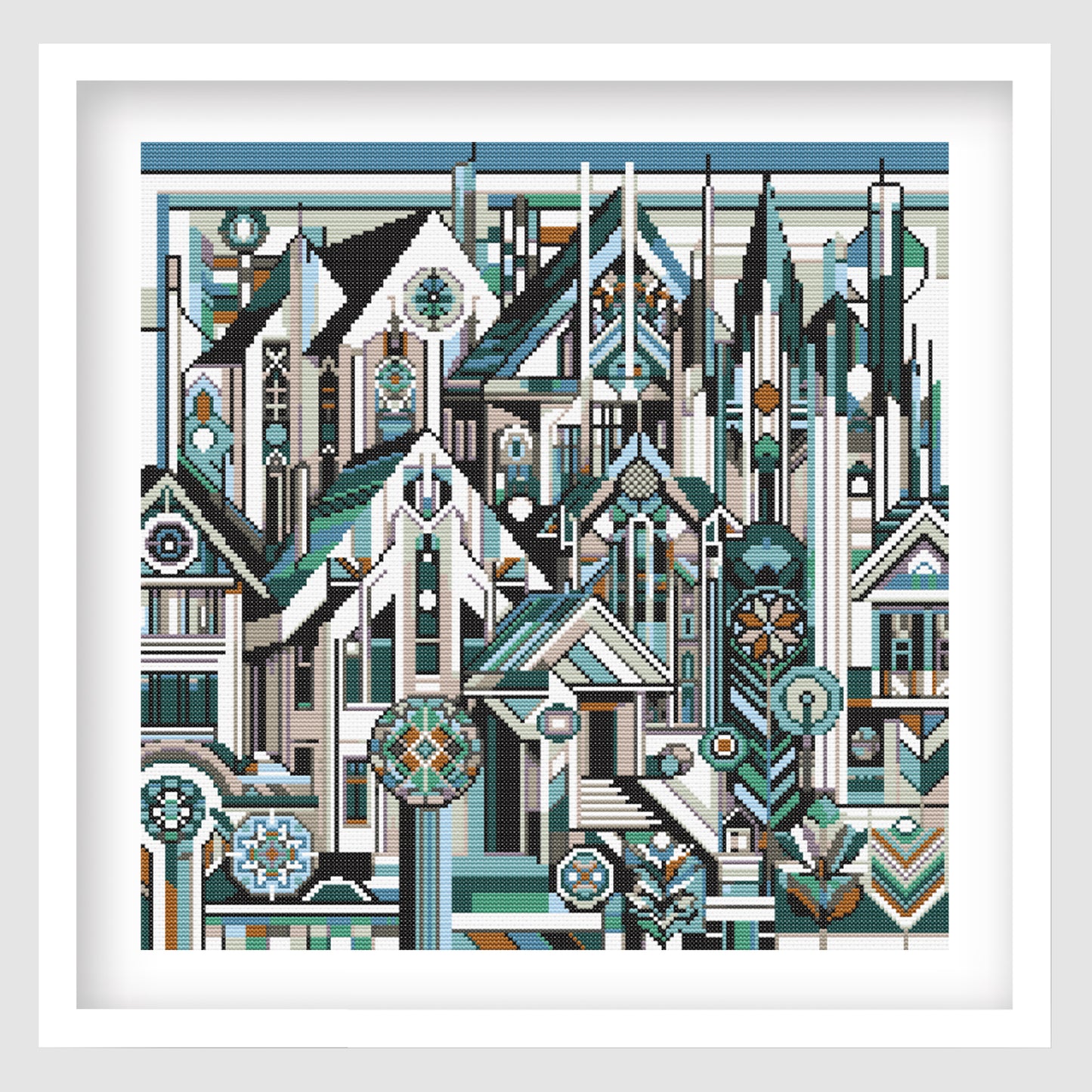 Geometric city cross stitch pattern featuring abstract buildings, teal architectural details and modern cityscape artwork.