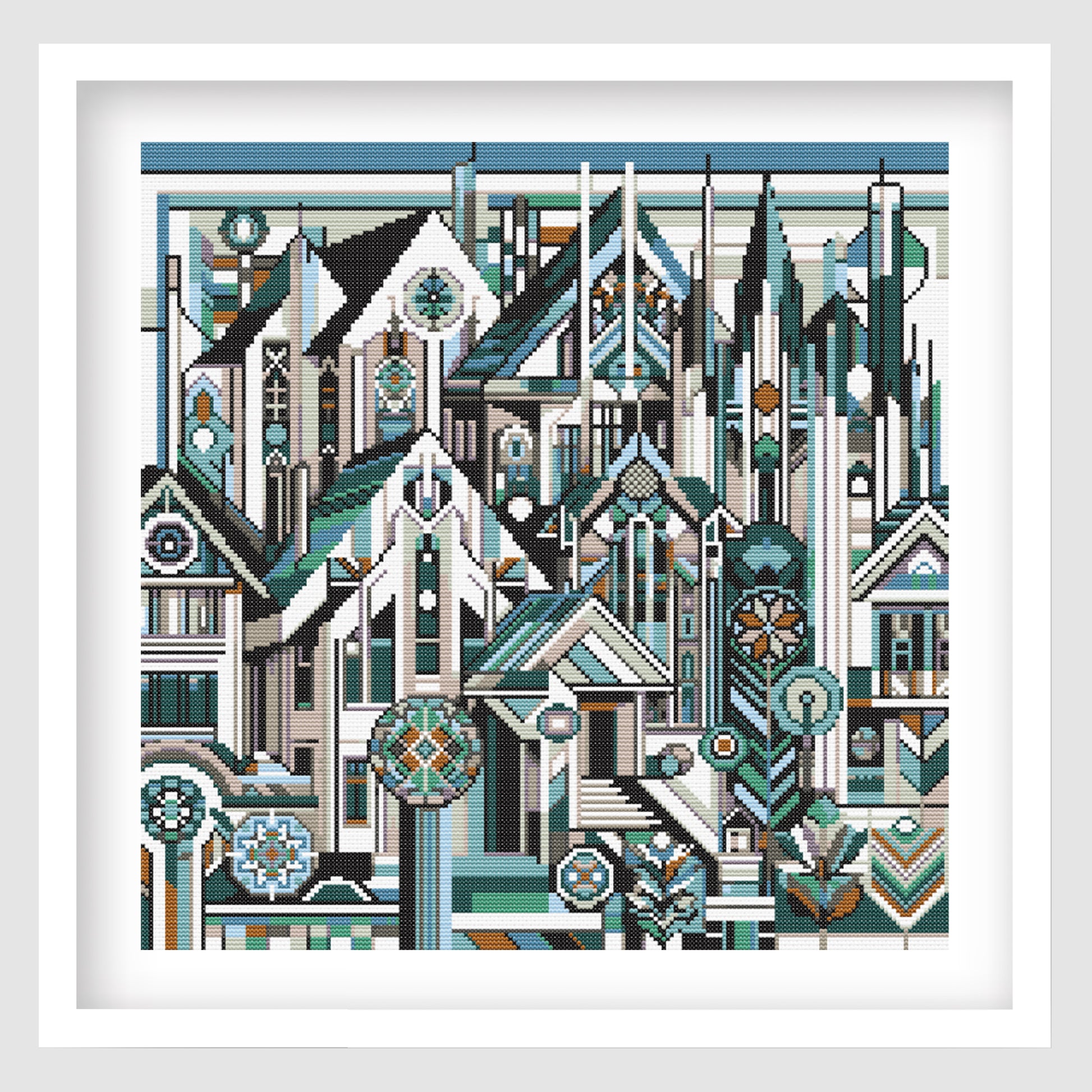 Geometric city cross stitch pattern featuring abstract buildings, teal architectural details and modern cityscape artwork.