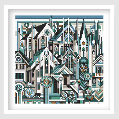 Geometric city cross stitch pattern featuring abstract buildings, teal architectural details and modern cityscape artwork.