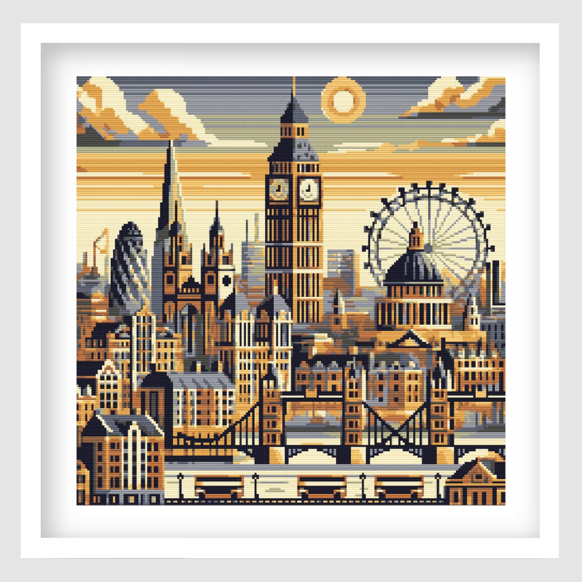 London landmarks cross stitch pattern featuring Big Ben, Tower Bridge, the London Eye and a detailed city skyline in warm sunset tones.