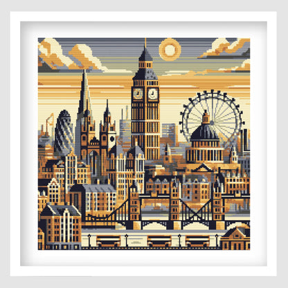 London landmarks cross stitch pattern featuring Big Ben, Tower Bridge, the London Eye and a detailed city skyline in warm sunset tones.