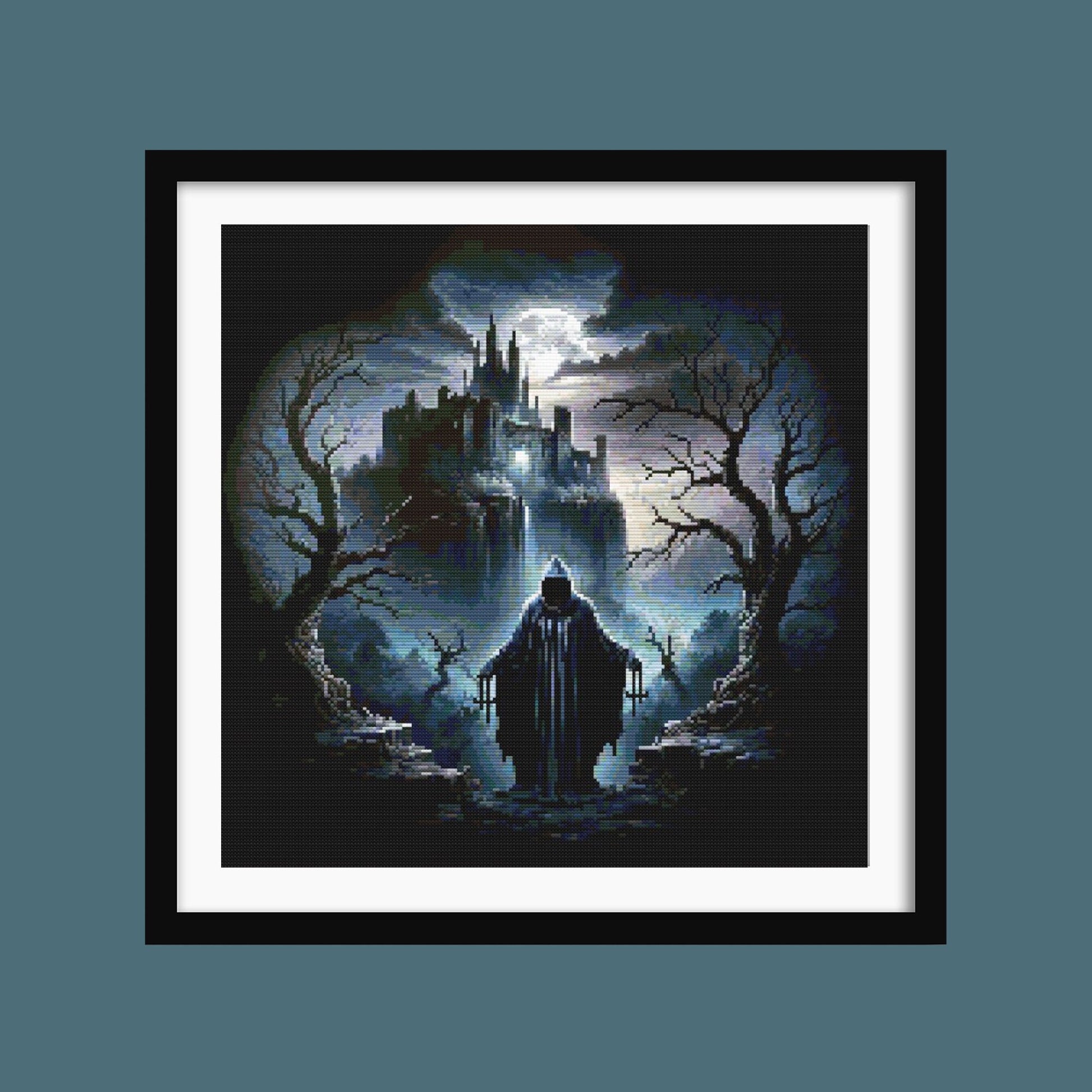 Gothic Castle Cross Stitch Pattern displayed in a black frame with a haunted castle, eerie blue lighting, and dark fantasy styling.