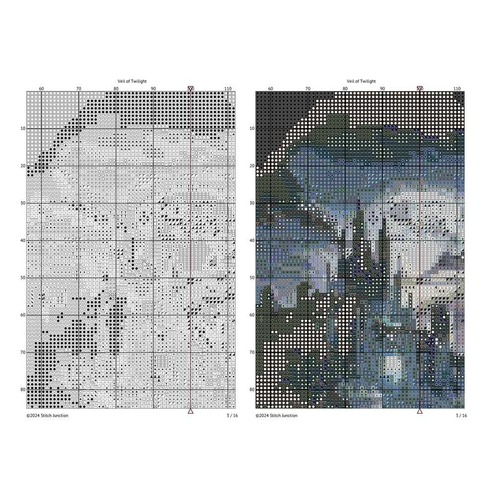 Gothic Castle Cross Stitch Pattern digital download chart preview with colour symbols and black-and-white symbol chart for printable counted cross stitch.