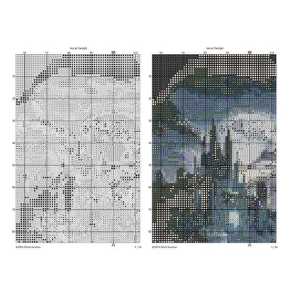 Gothic Castle Cross Stitch Pattern digital download chart preview with colour symbols and black-and-white symbol chart for printable counted cross stitch.