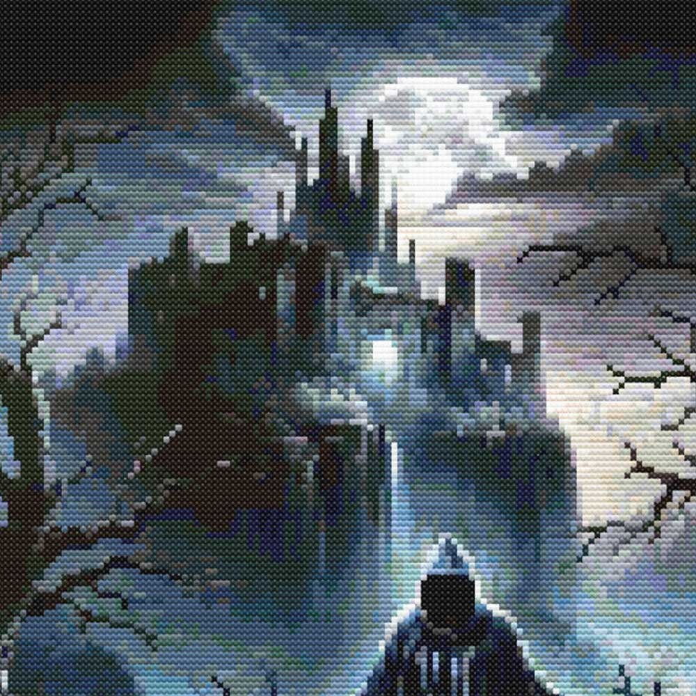 Close-up of Gothic Castle Cross Stitch Pattern showing the haunted castle, rocky landscape, eerie blue light, and visible counted cross stitch texture.