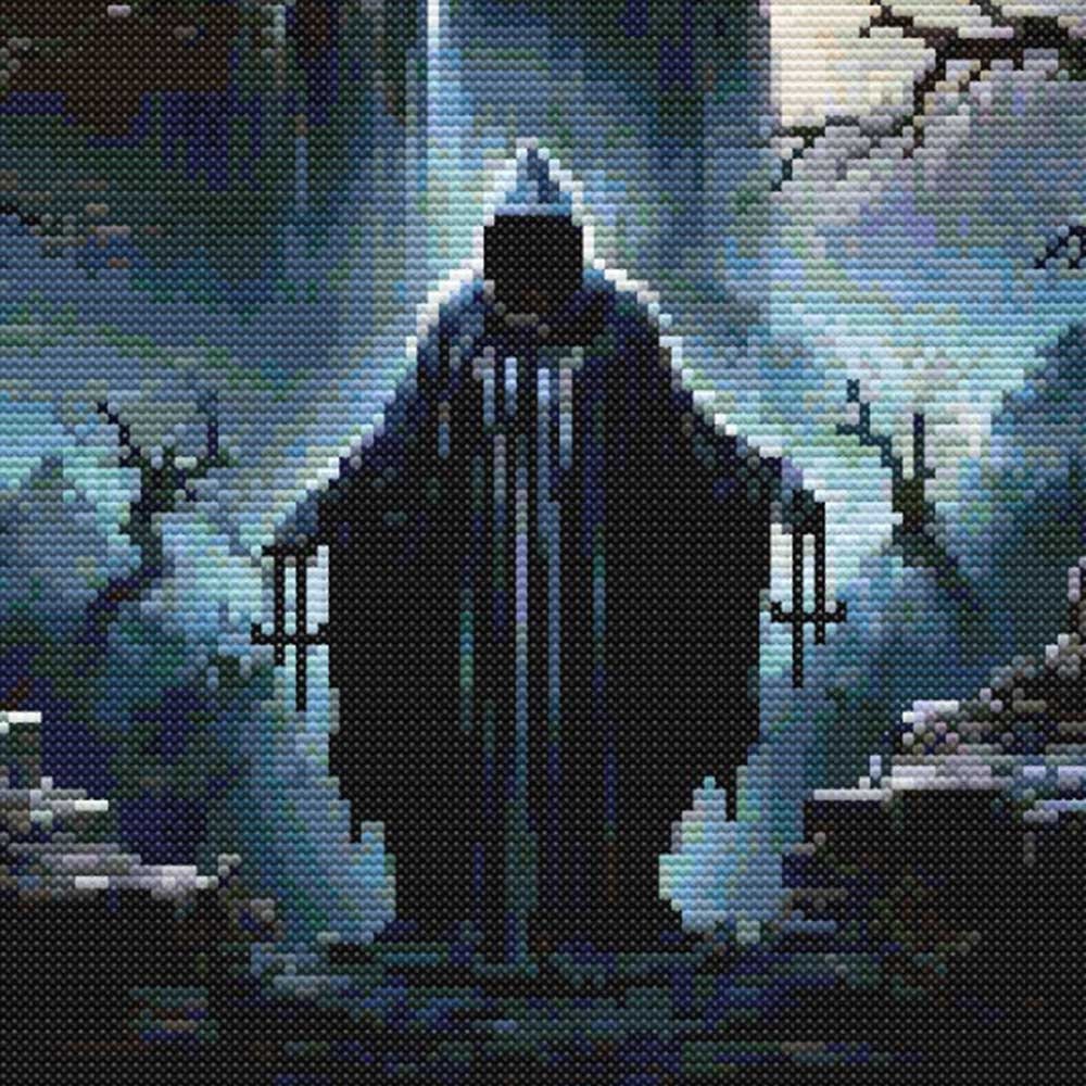 Gothic Castle Cross Stitch Pattern featuring a haunted castle, cloaked figure, twisted trees, moonlit sky, and dark fantasy detail.