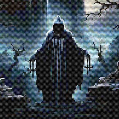 Gothic Castle Cross Stitch Pattern featuring a haunted castle, cloaked figure, twisted trees, moonlit sky, and dark fantasy detail.