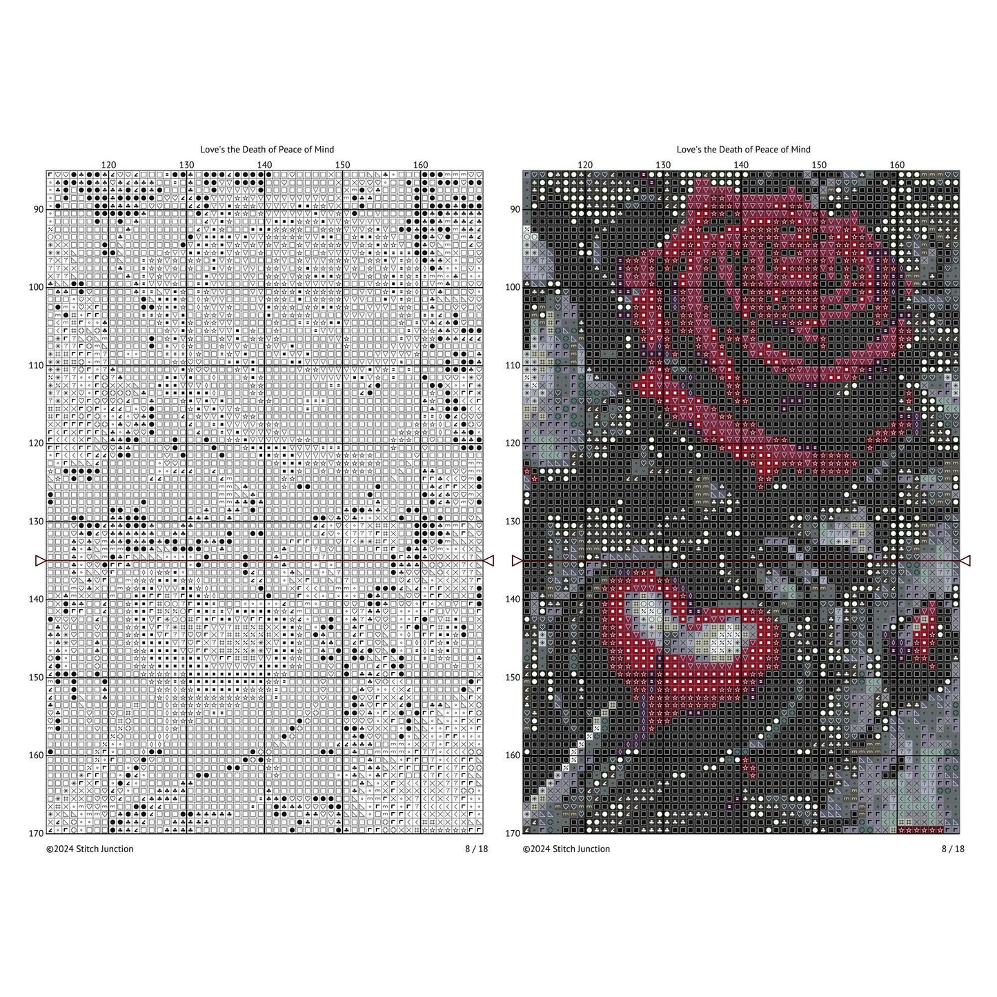 Gothic Skull and Roses Cross Stitch Pattern digital download chart preview with colour symbols and black-and-white symbol chart for printable counted cross stitch.