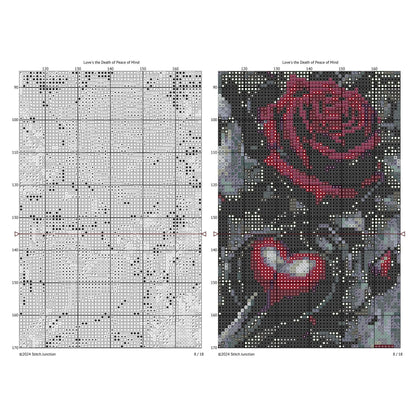 Gothic Skull and Roses Cross Stitch Pattern digital download chart preview with colour symbols and black-and-white symbol chart for printable counted cross stitch.