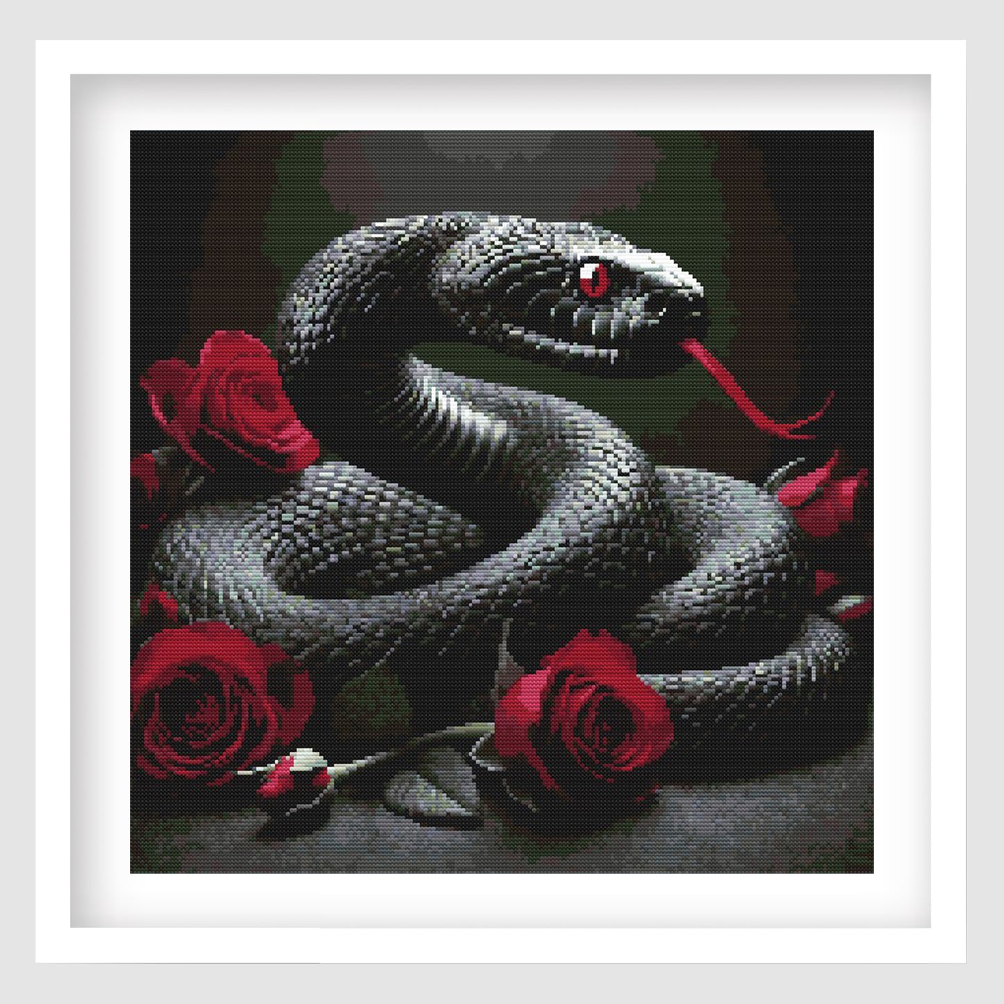 Gothic snake and roses cross stitch pattern featuring a coiled serpent with red eyes, dark scales, and deep red roses.