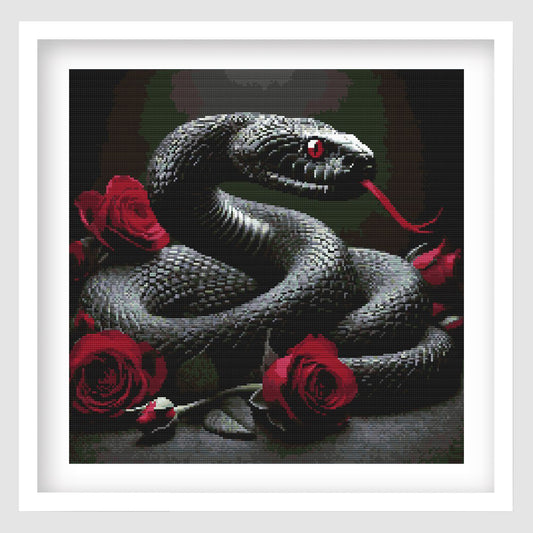 Gothic snake and roses cross stitch pattern featuring a coiled serpent with red eyes, dark scales, and deep red roses.