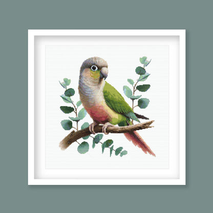 Green Cheek Conure Cross Stitch Pattern displayed in a green frame as pet bird wall art with a colourful parrot and natural foliage.