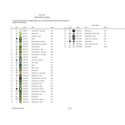 The green gecko cros stitc pattern floss chart, with symbols.