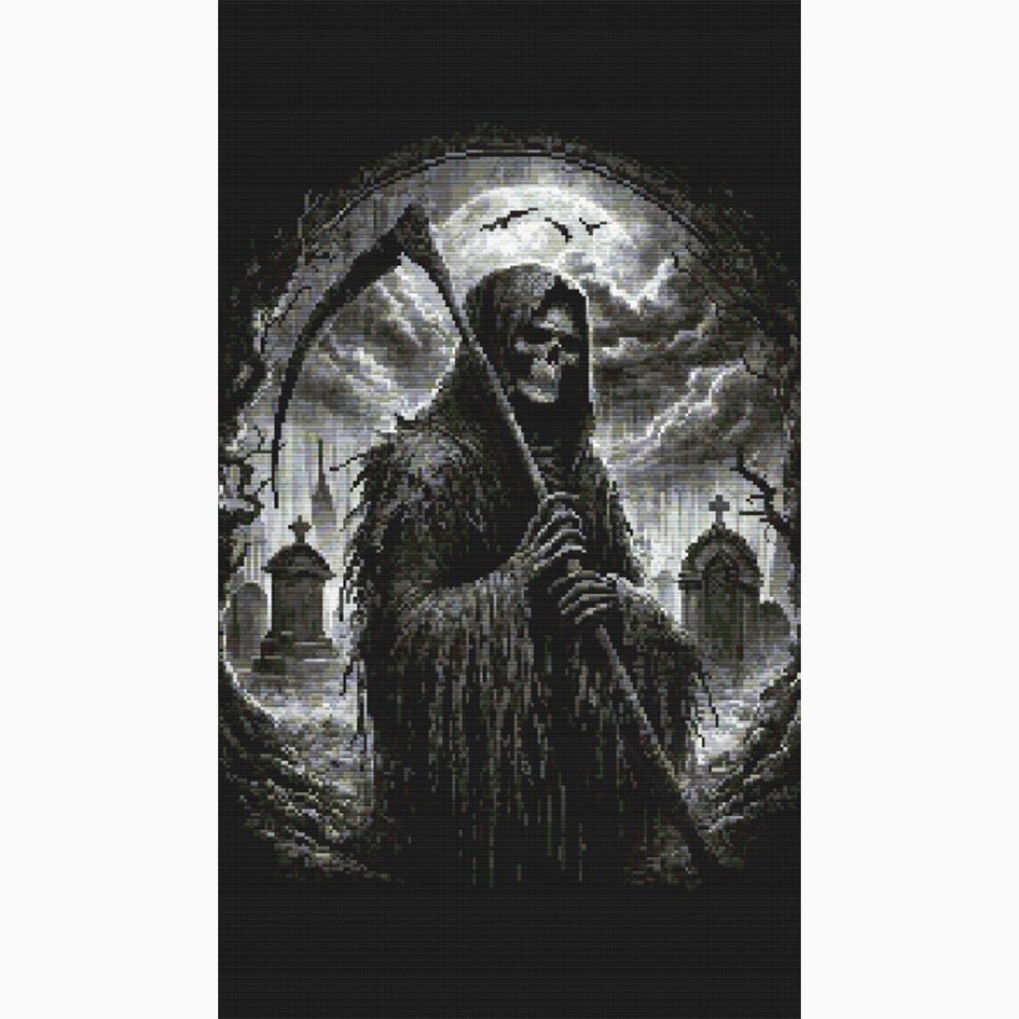 Grim Reaper Cross Stitch Pattern shown on a dark background with a skeletal figure, scythe, moonlight, and dramatic shadow detail.