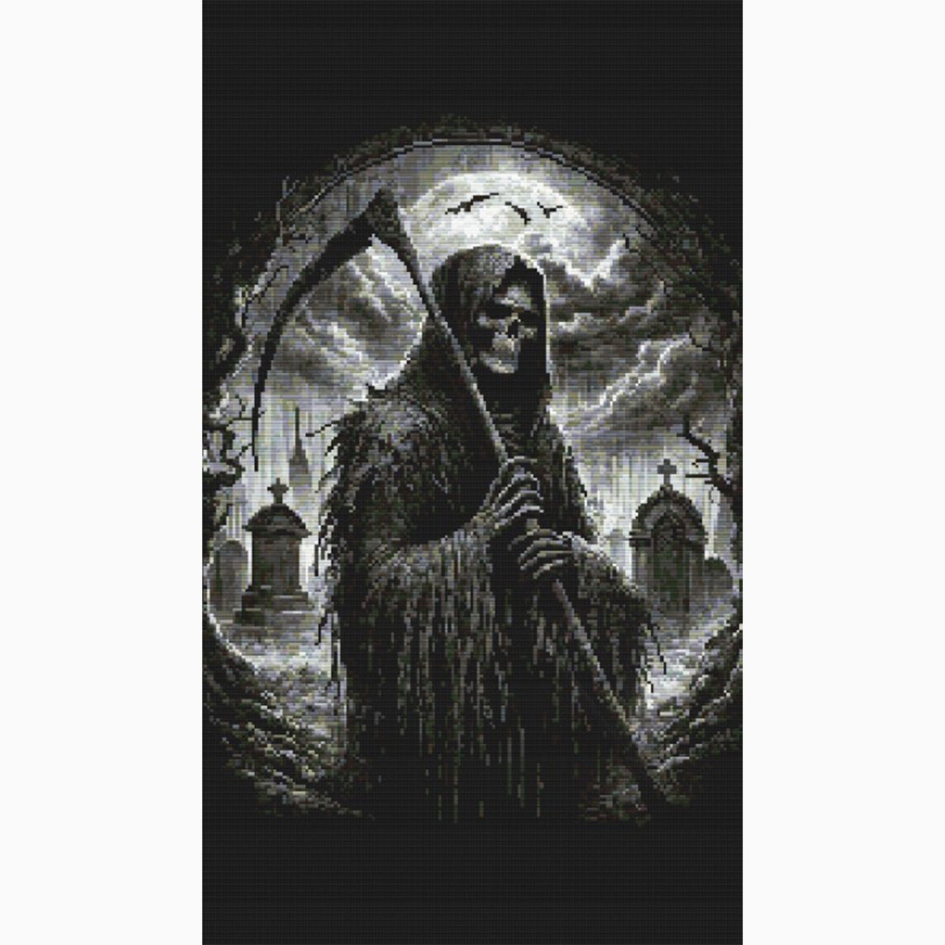 Grim Reaper Cross Stitch Pattern shown on a dark background with a skeletal figure, scythe, moonlight, and dramatic shadow detail.
