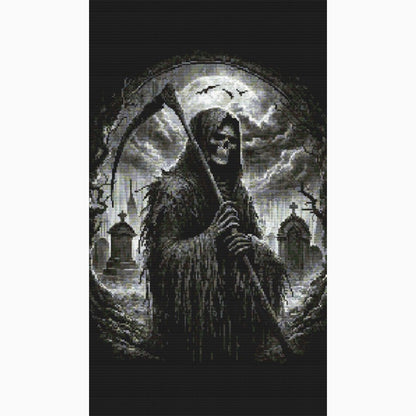 Grim Reaper Cross Stitch Pattern shown on a dark background with a skeletal figure, scythe, moonlight, and dramatic shadow detail.