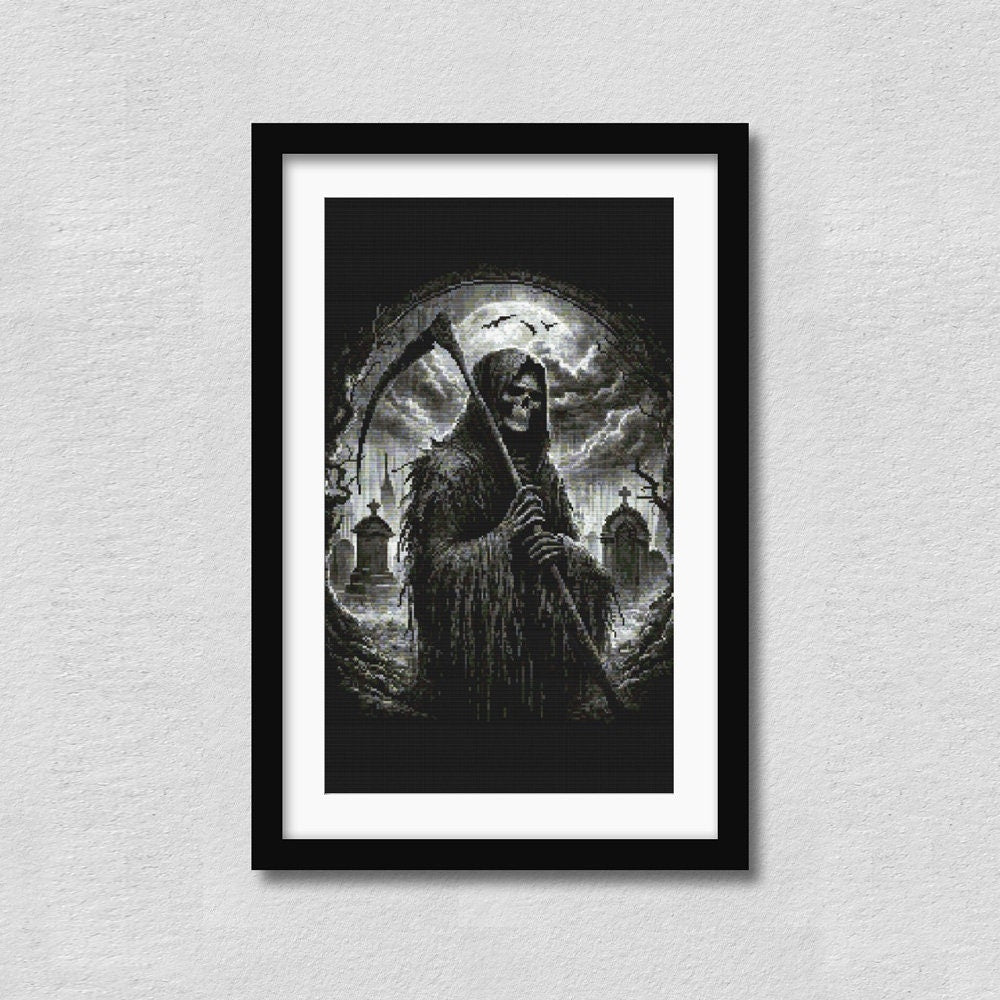 Grim Reaper Cross Stitch Pattern displayed in a black frame as dark fantasy wall art with a hooded skeleton and gothic detail.