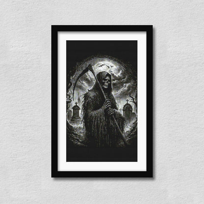 Grim Reaper Cross Stitch Pattern displayed in a black frame as dark fantasy wall art with a hooded skeleton and gothic detail.