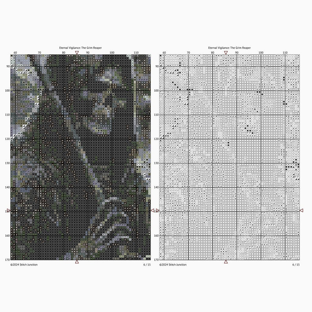 Grim Reaper Cross Stitch Pattern digital download chart preview with colour symbols and black-and-white symbol chart for printable counted cross stitch.