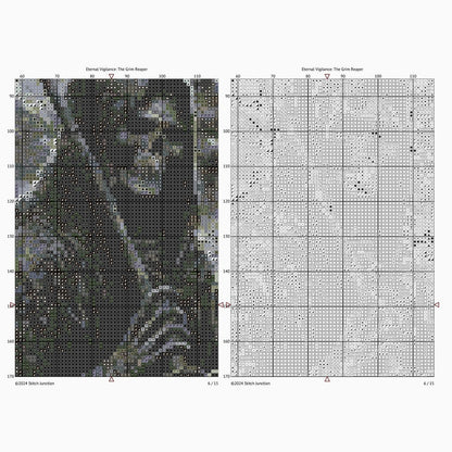 Grim Reaper Cross Stitch Pattern digital download chart preview with colour symbols and black-and-white symbol chart for printable counted cross stitch.