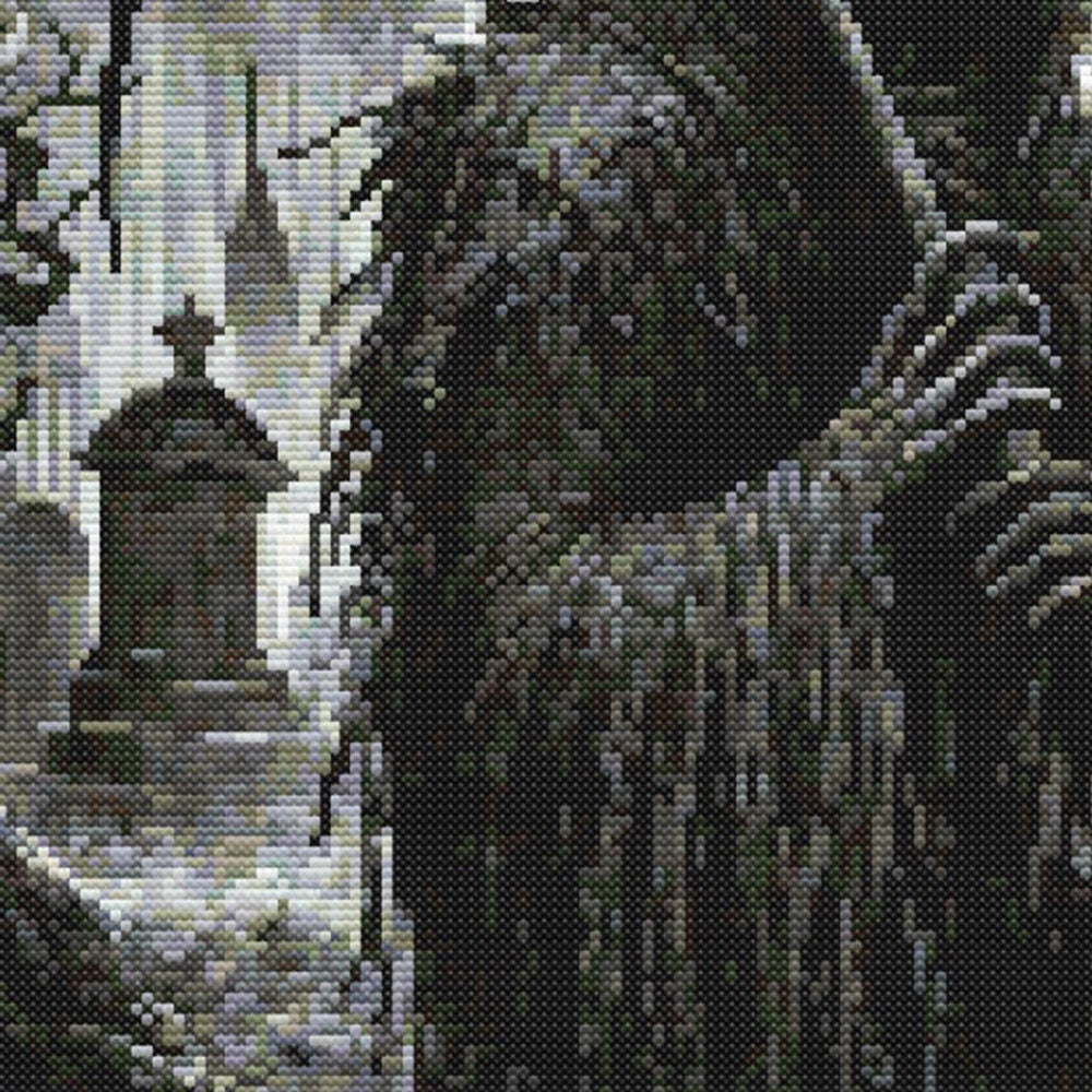 Close-up of Grim Reaper Cross Stitch Pattern showing dark cloak detail, lanterns, graveyard scenery, and visible counted cross stitch texture.