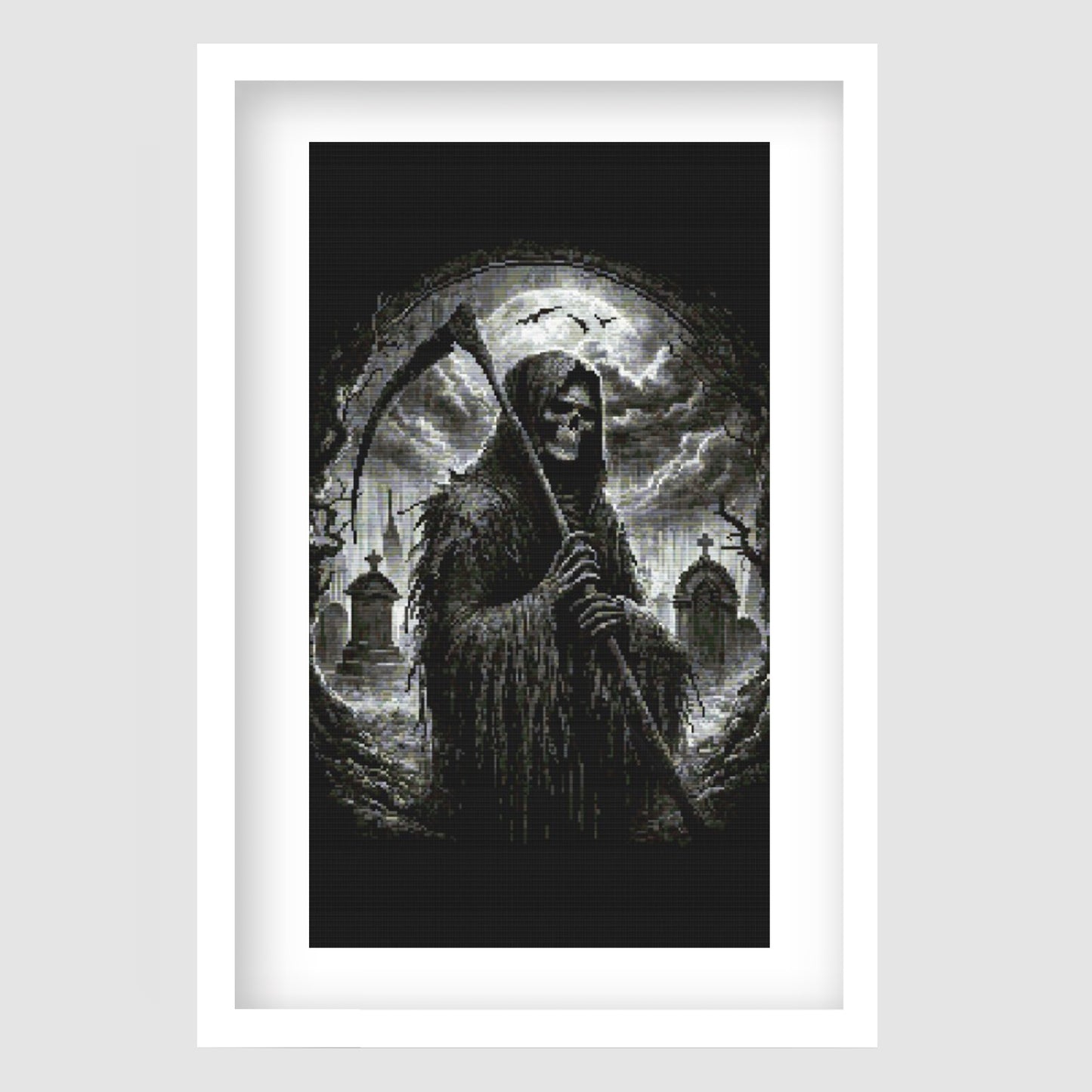 Grim Reaper Cross Stitch Pattern displayed as framed wall art with a hooded skeletal figure, moonlit background, and dark gothic atmosphere.
