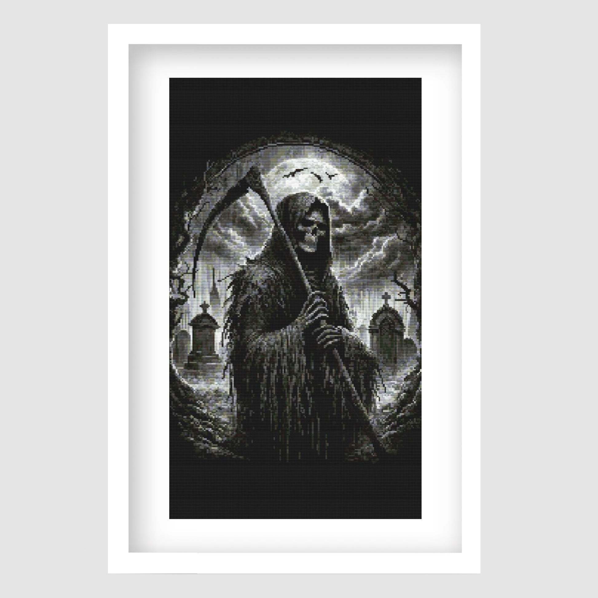 Grim Reaper Cross Stitch Pattern displayed as framed wall art with a hooded skeletal figure, moonlit background, and dark gothic atmosphere.
