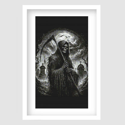 Grim Reaper Cross Stitch Pattern displayed as framed wall art with a hooded skeletal figure, moonlit background, and dark gothic atmosphere.