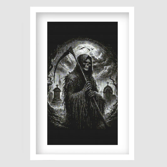 Grim Reaper Cross Stitch Pattern displayed as framed wall art with a hooded skeletal figure, moonlit background, and dark gothic atmosphere.