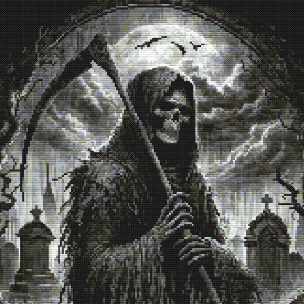 Grim Reaper Cross Stitch Pattern featuring a hooded skeleton holding a scythe under a moonlit sky with gothic horror detail.
