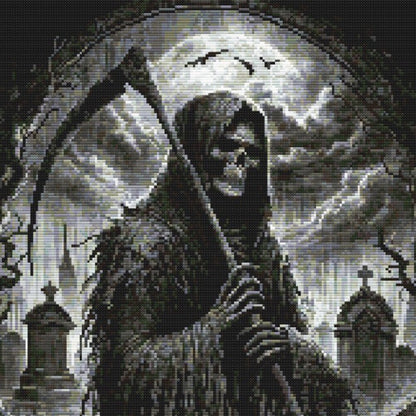 Grim Reaper Cross Stitch Pattern featuring a hooded skeleton holding a scythe under a moonlit sky with gothic horror detail.