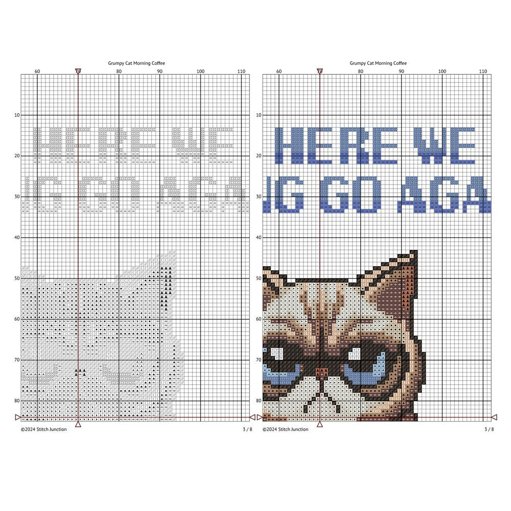 Grumpy Cat Morning Coffee Cross Stitch Pattern digital download chart preview with colour symbols and black-and-white symbol chart for printable counted cross stitch.