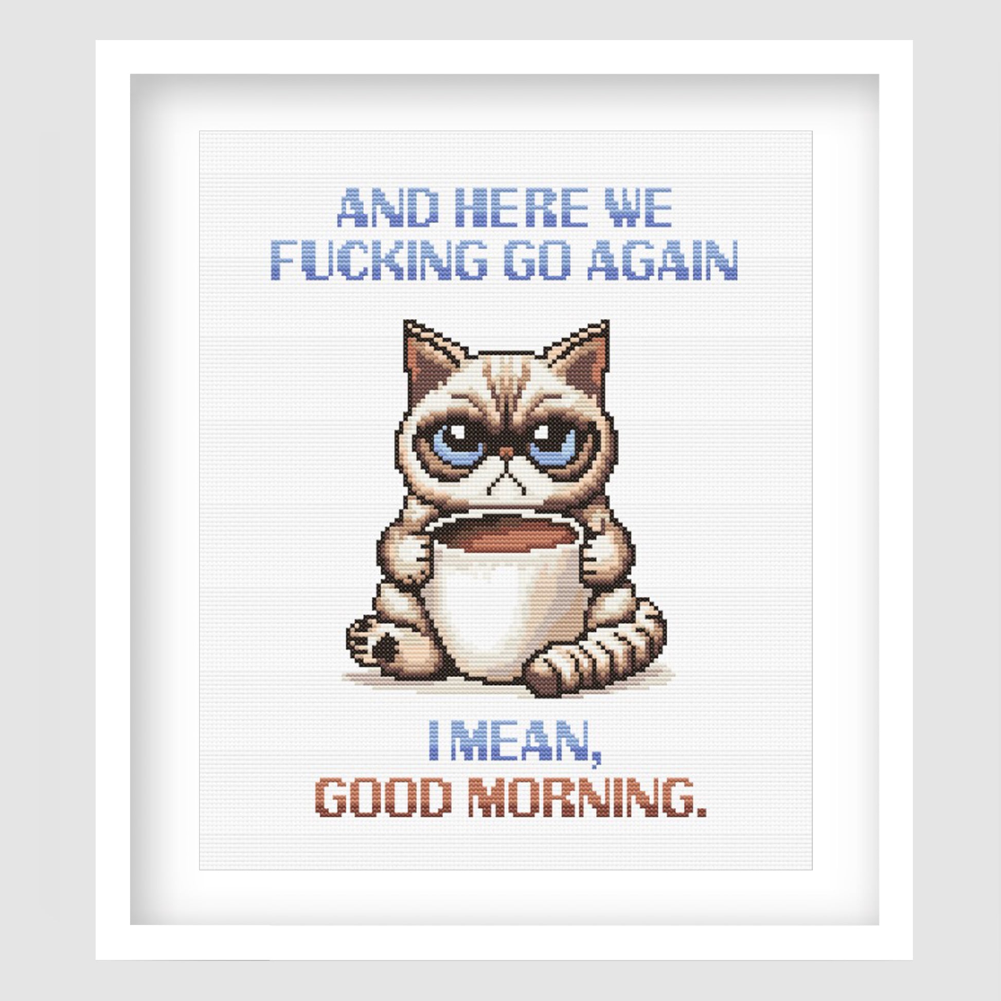 Grumpy Cat Morning Coffee Cross Stitch Pattern displayed as framed wall art with a grumpy cat, coffee quote, and funny subversive stitching style.